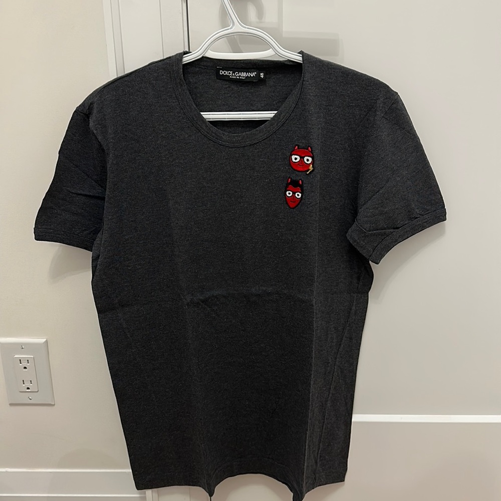 Dolce & Gabbana Dark Gray Short Sleeve Tee with Red Cartoon Patches